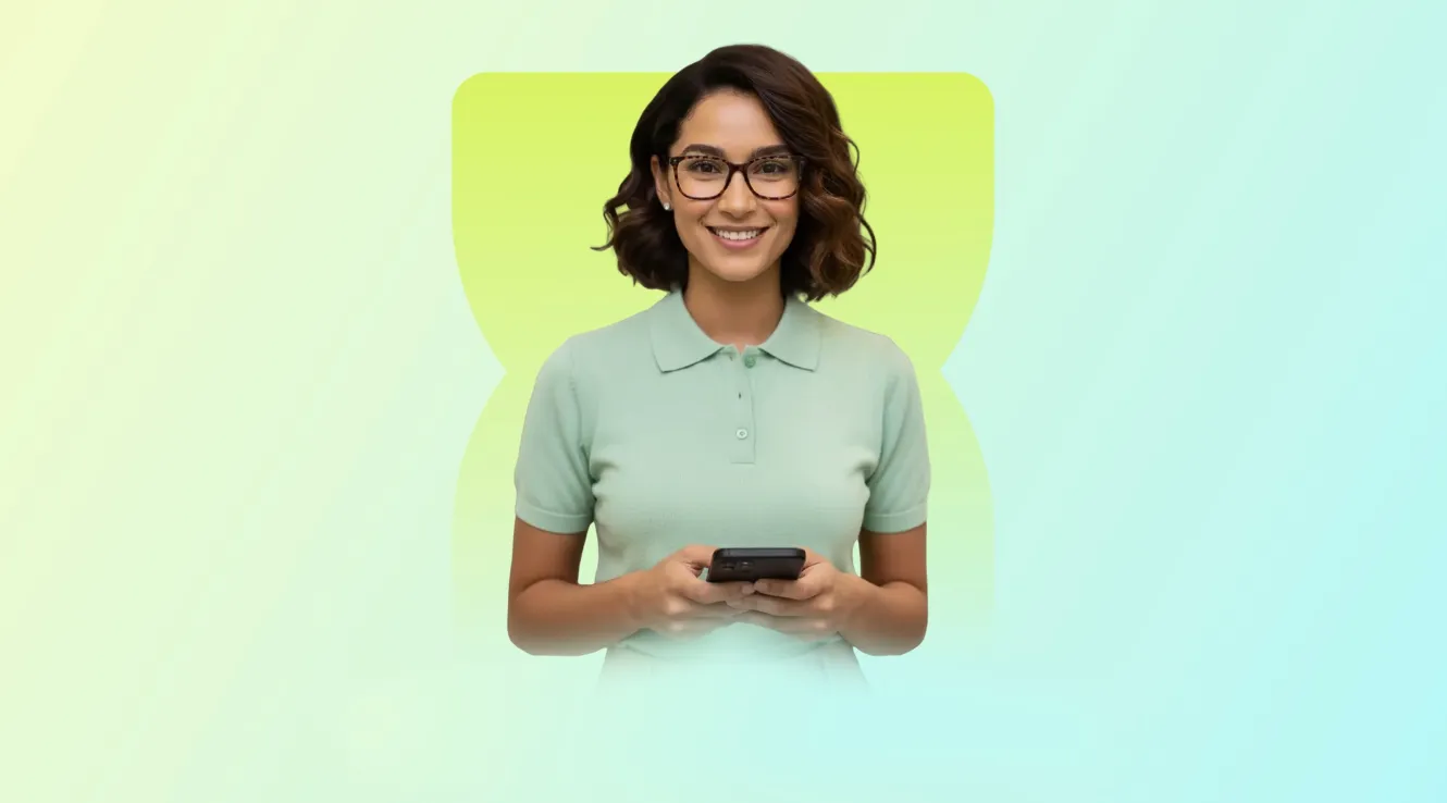 Camila, assistente de IA da Capim — mulher jovem de óculos segurando um celular, sobre fundo degradê de verde-limão para azul