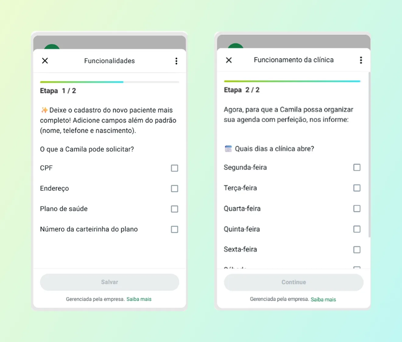Duas telas do WhatsApp Flows: formulário "Funcionalidades" perguntando o que a Camila pode solicitar no cadastro do paciente, e "Funcionamento da clínica" com os dias de atendimento.